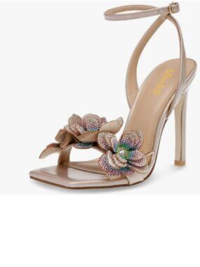 miss left Champagne Flower Embellished Stiletto High Heel Ankle Strap Sandals